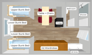 Top-down layout of a shared room with four bunk beds, a dining table, fridge, two wardrobes, two sinks, and a bathroom with a shower.